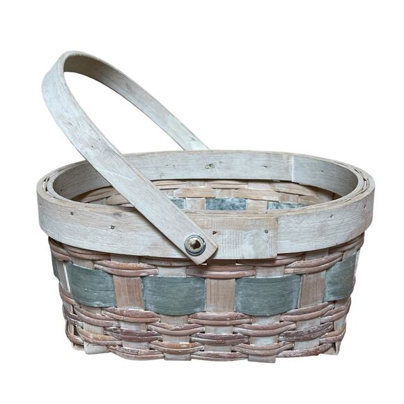 Wicker Basket Oval Multi Color Whitewashed with Handle - Picture 2 of 8